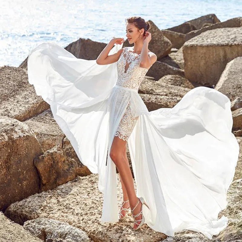 Sexy Bohemian Short Mermaid Wedding Dresses With Detachable Skirt Appliques Beach robes Wedding Dress Bridal Gowns Vestidos