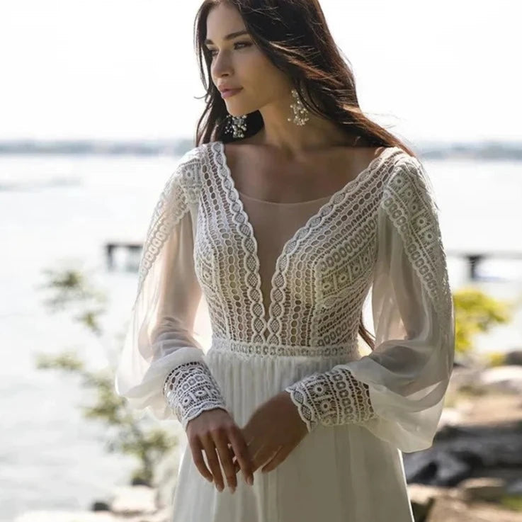 Stili di vendita calda Elegante Bohomia A-Line Destello da sposa Sweep Train a V-Neck Stupy Sleeve Beach Gowns da sposa Vestido de nolia