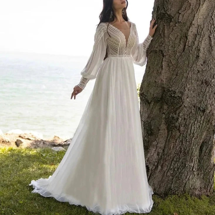 Hot Selling Styles Elegant Bohomia A-Line trouwjurk Sweep trein V-hals Puffy Sleeve Beach Bridal Jurys Vestido de Novia