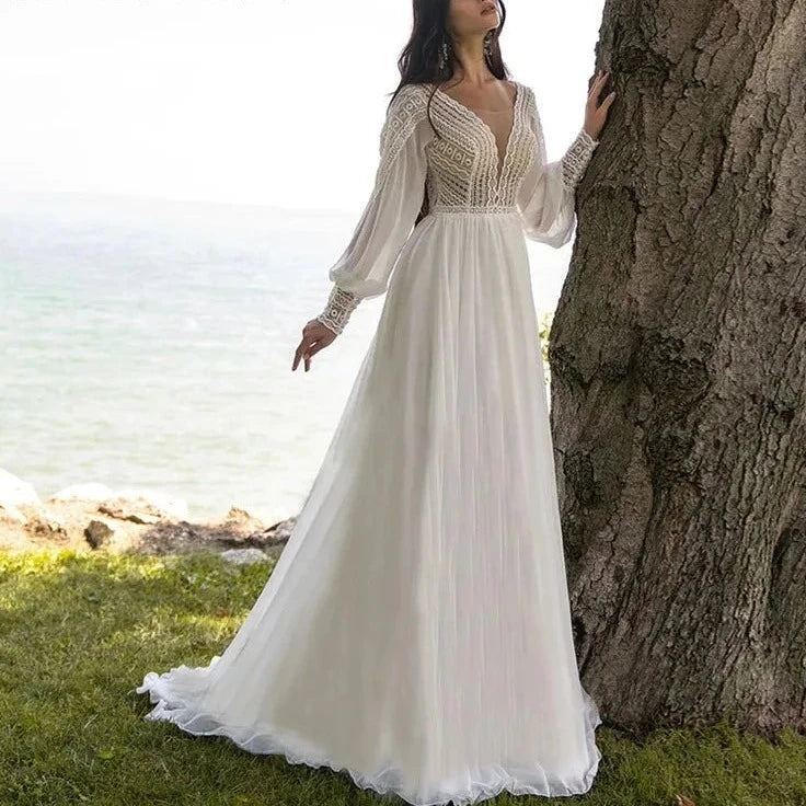 بيع ساخن لأنماط Bohomia A-line Wedding Sweep Train V-neck Puffy Sleeve Bredal Gowns Vestido De Novia