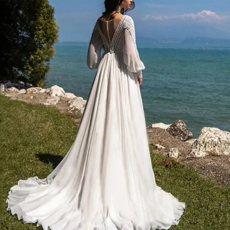 Hot Selling Styles Elegant Bohomia A-Line trouwjurk Sweep trein V-hals Puffy Sleeve Beach Bridal Jurys Vestido de Novia