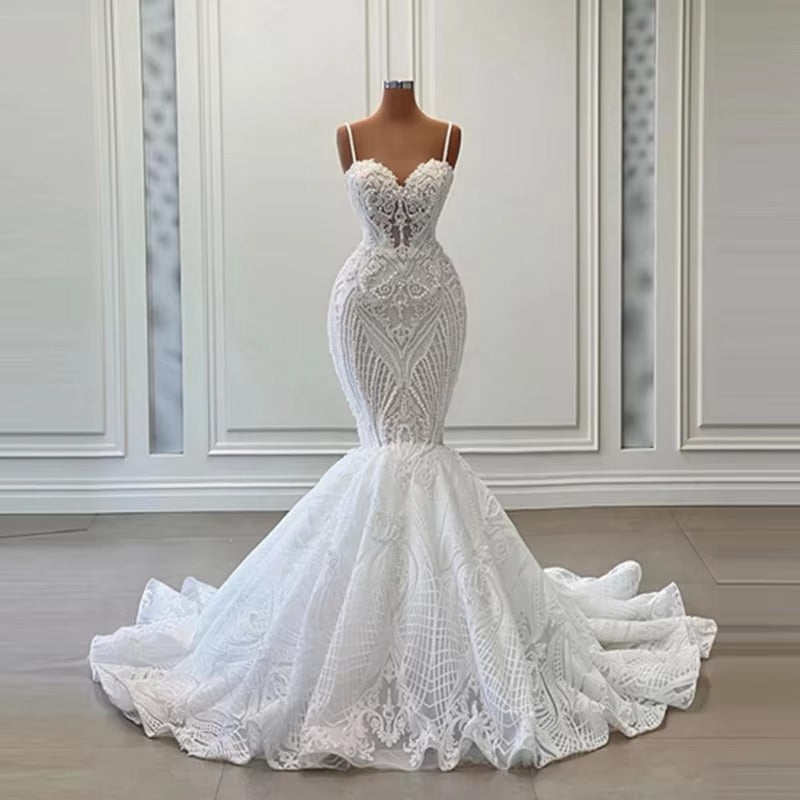 Abiti da sposa sirena di lussuoso pizzo spaghetti cinghie sweetheart abiti da sposa scintilla