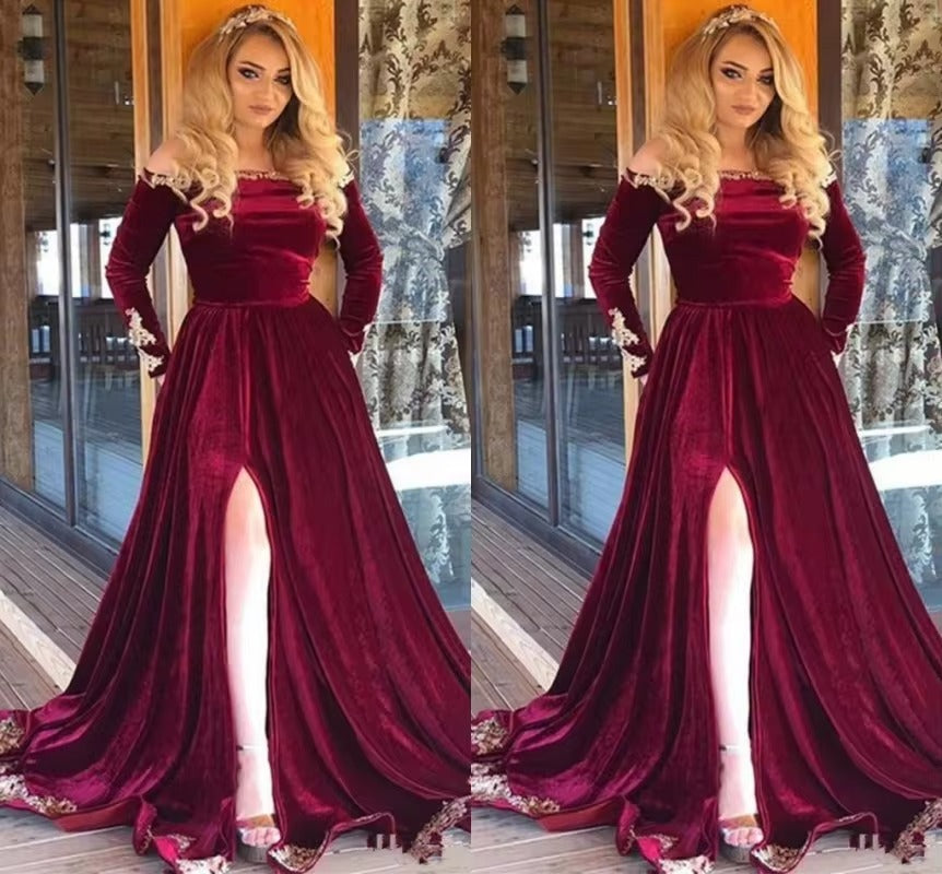 Robes de soirée bordeaux avec manches longues caftan velours dentelle dorée dubaï arabe épaules dénudées robes de célébrité haute fente