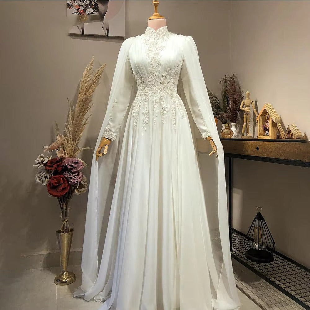 Vestido de noiva muçulmano de manga longa elegante para noiva de pescoço alto Isjab vestidos de noiva com túnica árabe do Cabo de Mariée