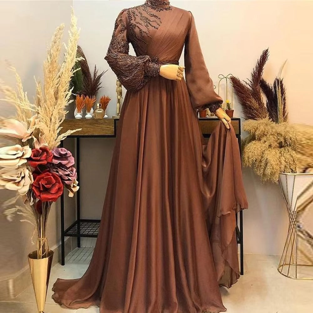 Dubai Kaftan Brown Organza A Line Prom Dresses With Glitter Beaded High Neck Evening Dresses Beach Party Gowns