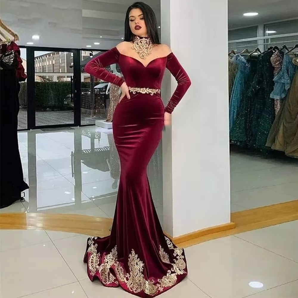 Vino tinto caftán marroquí vestido de noche sirena Formal Dubai Formal encantador apliques dorados vestidos de celebridades de talla grande