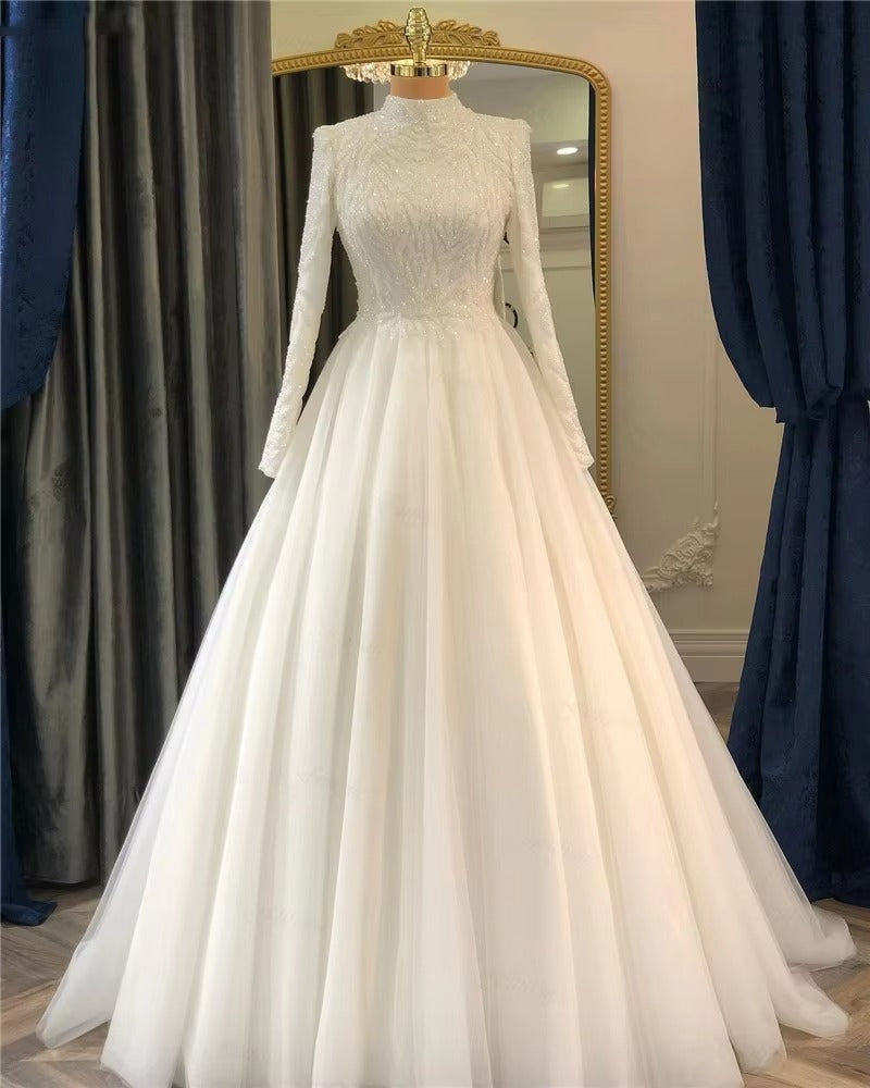 Luxury Bespoke Wedding Dress High Neck A-Line Beads Bodice Long Sleeve Muslim Wedding Gown for Bride Robe De Mariée