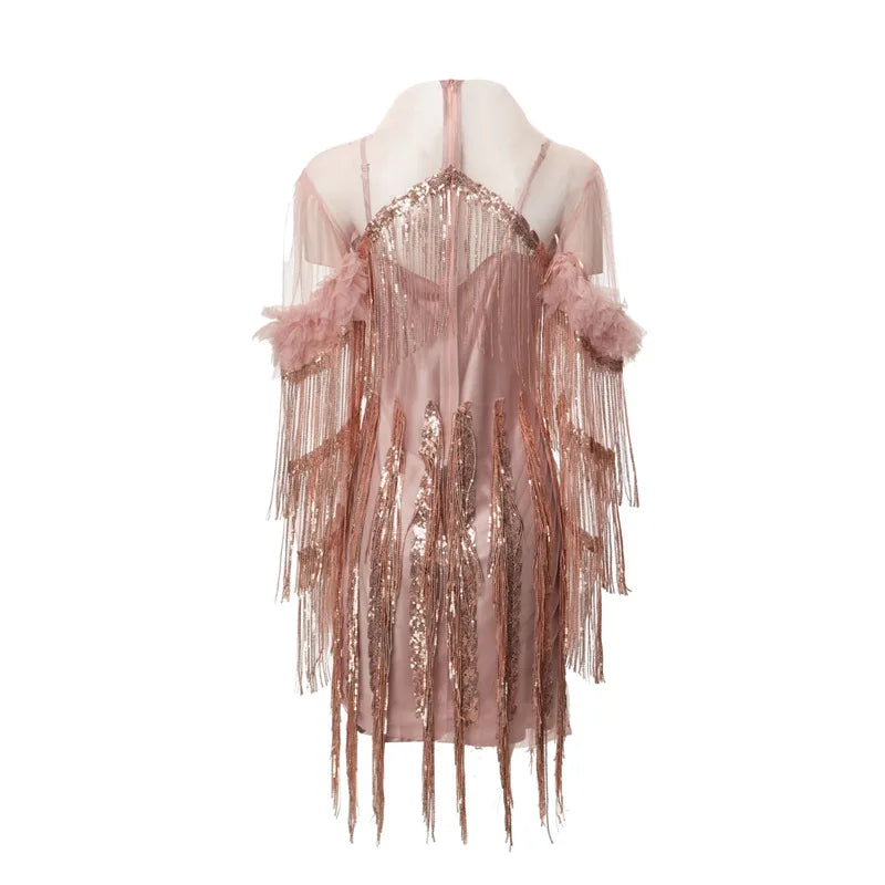 TWOTWINSTYLE Solid Spliced Tassels Elegant Dresses for Women Round Neck Short Sleeves Patchwork Fungus Folds Dress Female New
