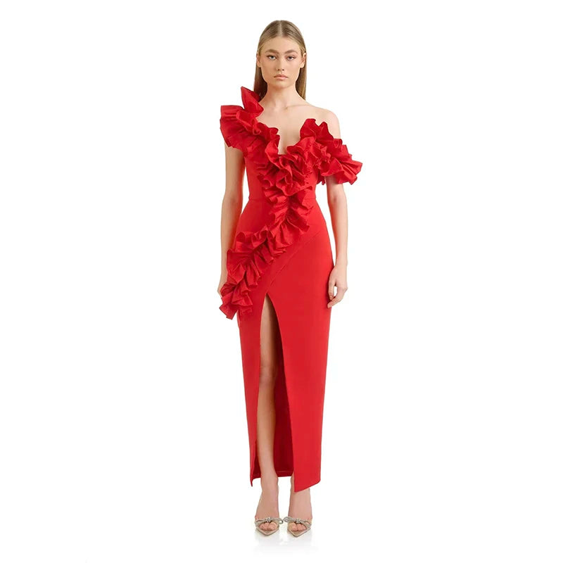 Red Black Color Women Sexy Slash Neck Off the Shoulder Florals Bodycon Long Bandage Dress Fashion Evening Party Dress
