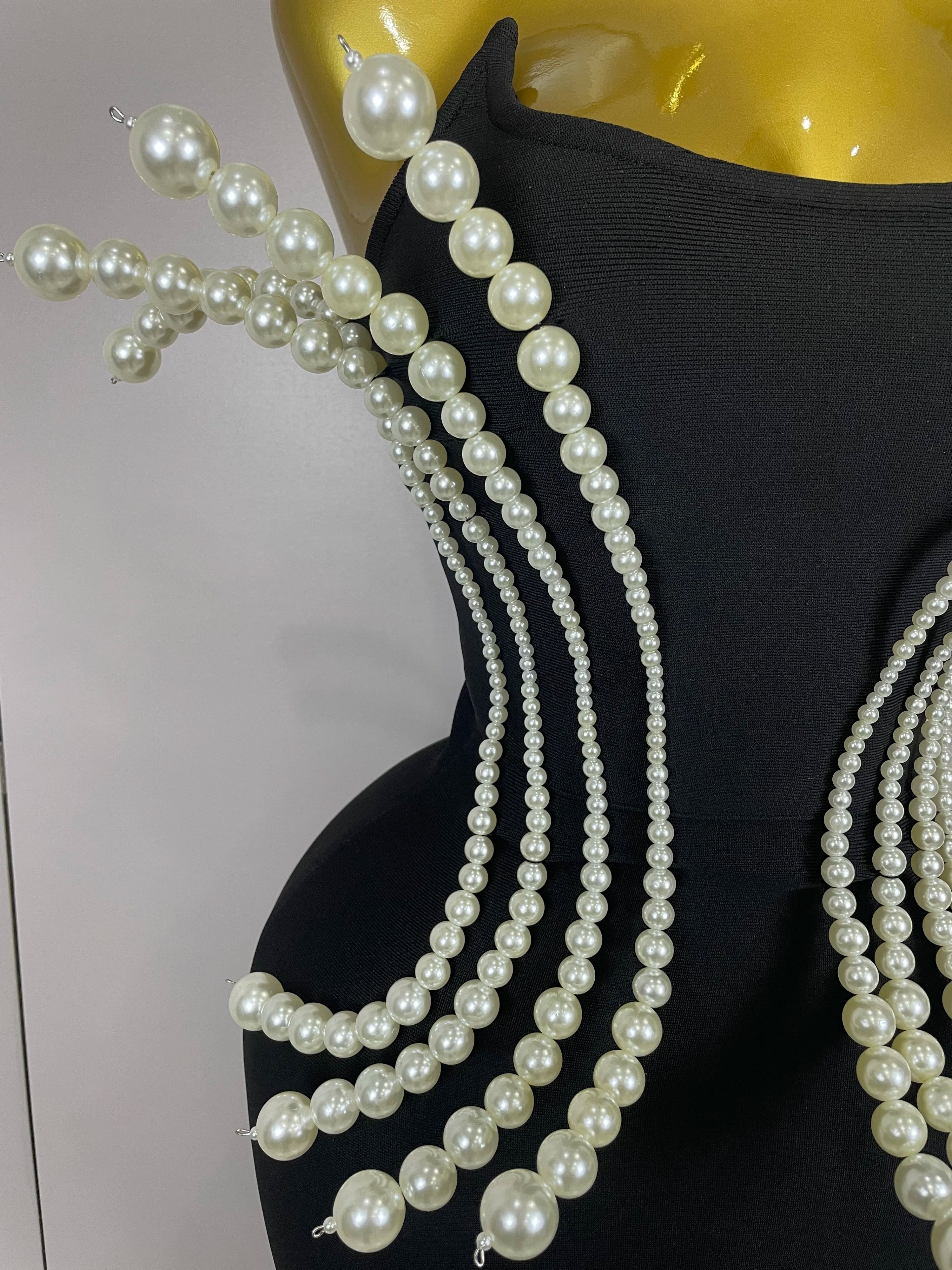 2025 New Sexy Strapless Pearl Beading Bodycon Long Bandage Dress  Women Fashion Elegant Evening Party Luxury Birthday Dresses