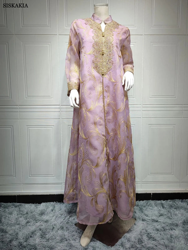 Arab Floral Embroidery Long Sleeve Lace Tape Notched V-Neck Casual Abaya Moroccan Caftan For Women Djellaba Dubai Dress