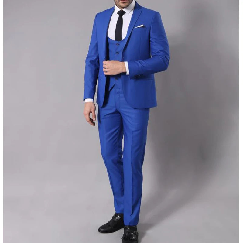 Business Men Suits Slim Fit Royal Blue Wedding Tuxeo for Groomsmen 3 Piece Jacket Vest with Pants Office Male Fashion Costume