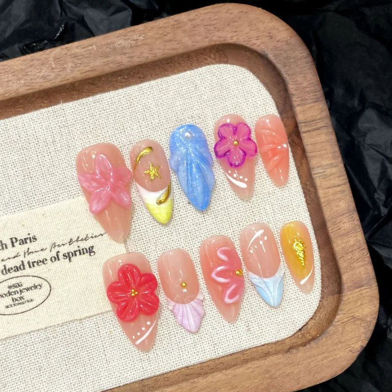 10Pcs Mid-length Almond French Handmade Fake Nails Color 3D Flowers Design Art Summer Fresh Gradient Manicure Tool for Hot Girls
