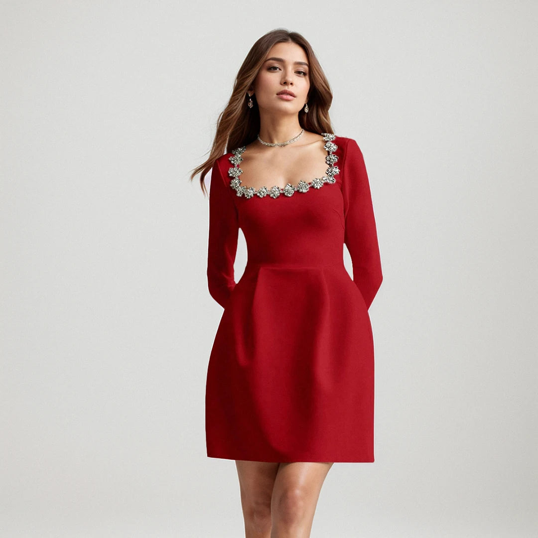 Black Red Color Women Long Sleeve Sexy Square Collar A-Line Mini Bandage Dress Fashion Celebrate Birthday Party Dress Vestido