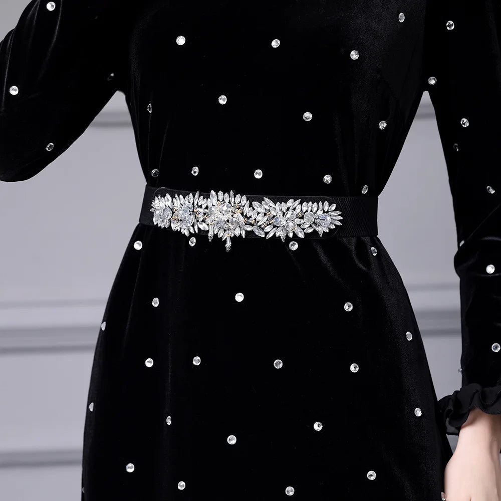 TWOTWINSTYLE Solid Slimming Spliced Wave Point Elegant Dresses for Women Round Neck Long Sleeves Patchwork Bead Dress Female New