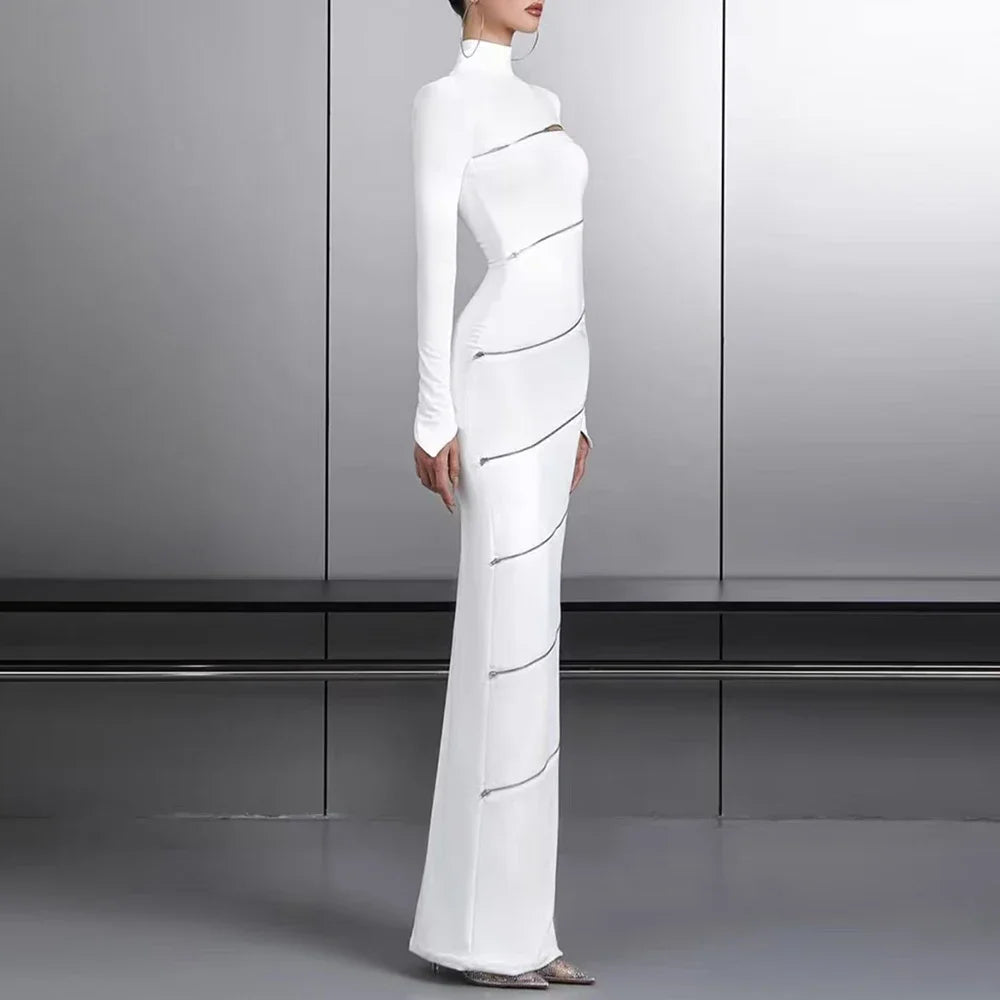 TWOTWINSTYLE Solid Slimming Spliced Zipper Dress for Women Stand Collar Long Sleeve High Waist Dresses Female Temperament Style