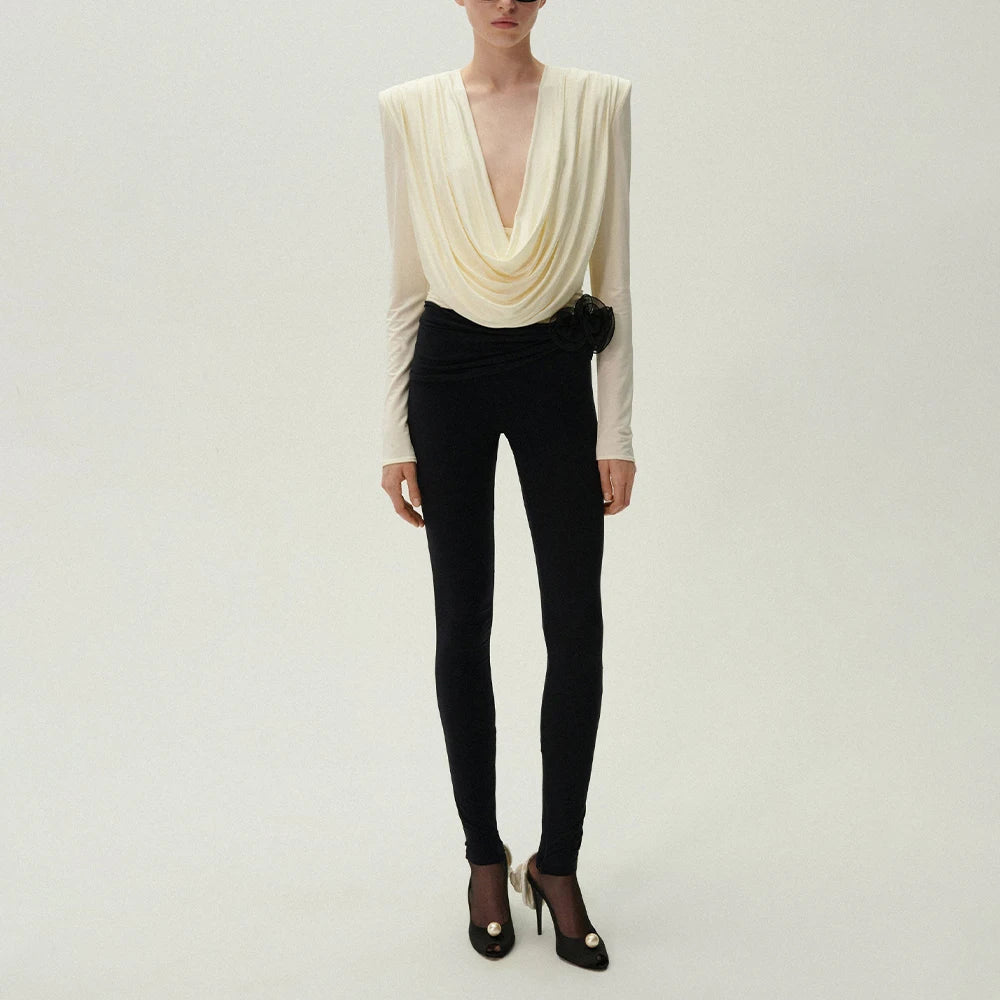 TWOTWINSTYLE Slim Two Piece Set For Women Swinging Collar Long Sleeve Top High Waist Spliced Appliques Pant Casual Sets Female