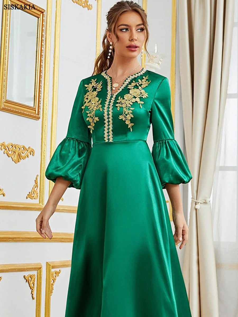 Fashion Satin Puff Sleeve Printing Solid Evening Party Dress Djellaba Moroccan Caftan For Women Elegant Islamic Outfits