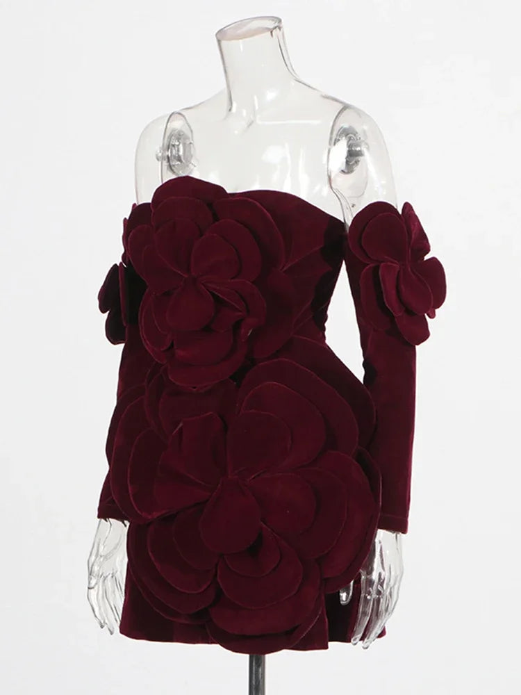 TWOTWINSTYLE Solid Slimming Temperament Mini Dresses for Women Strapless Sleeveless Patchwork 3D Flowers Dress Female Clothing