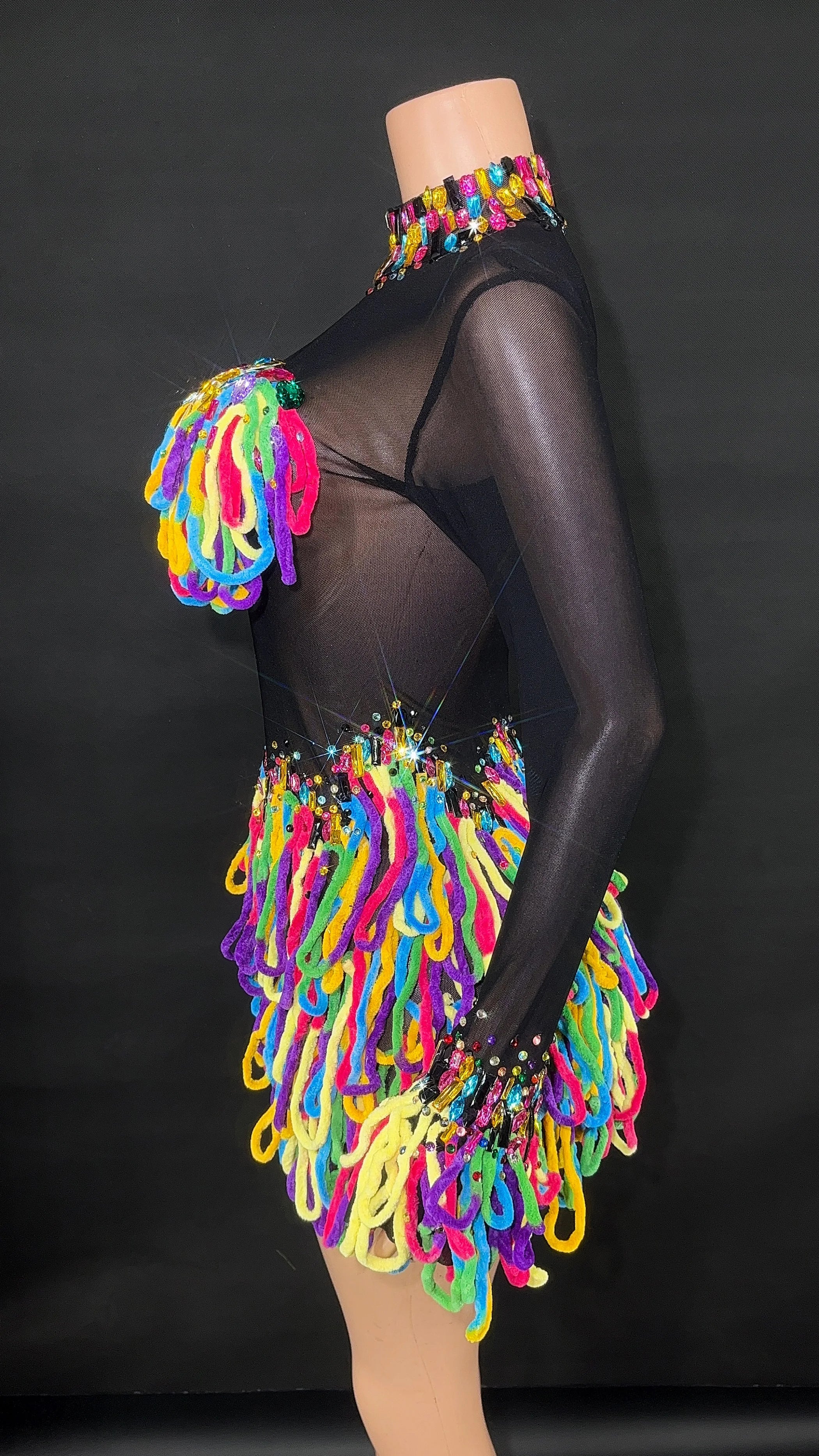 2025 Women Shiny Colorful Diamonds Sexy Stretch Transparent Mesh Short Dress Nightclub Party Singer Stage Performance Costume