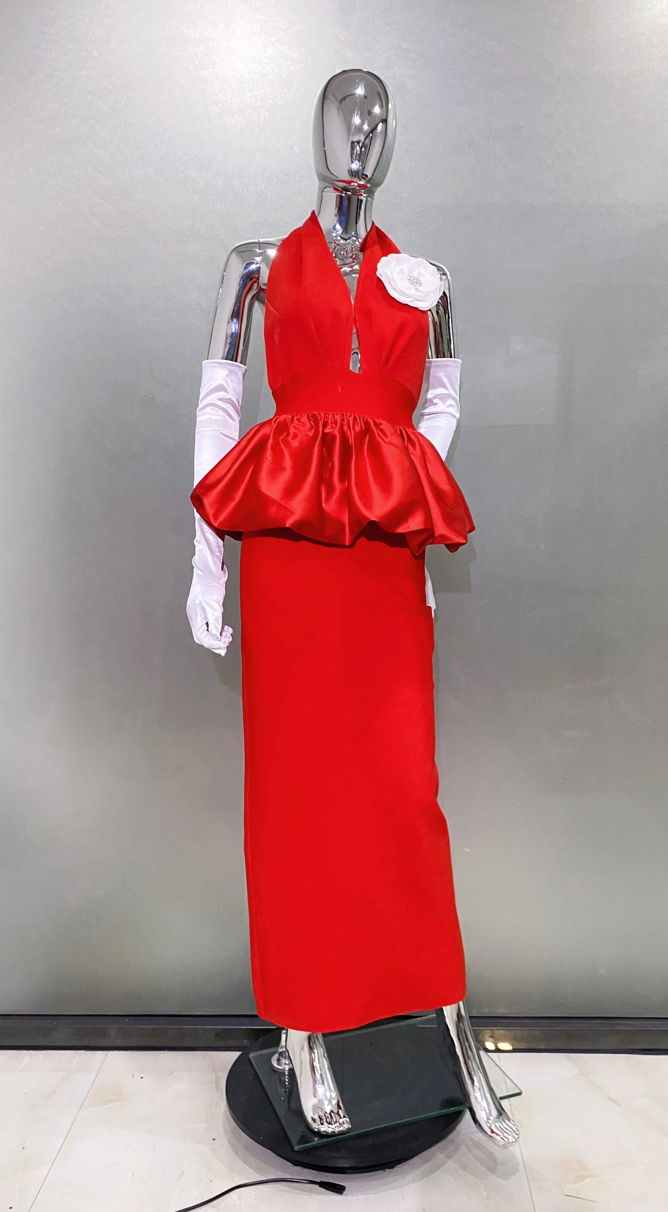 2025 New Red Color Women Sexy Halter Backless Bodycon Long Bandage Dress Gloves Celebrate Performance Costume Stage Wear