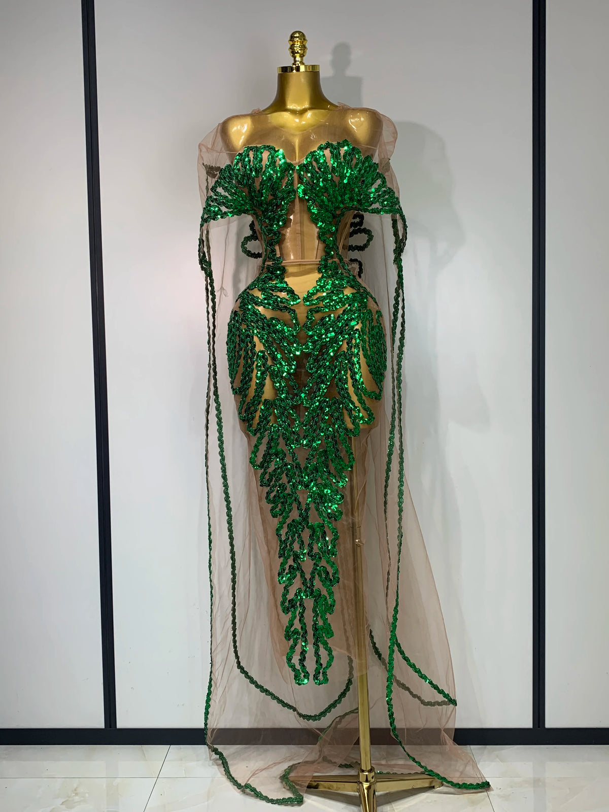 Sexy Mesh See Through Long Dress Sparkly Green Sequins Night Club Party Dress Cloak Birthday Celebrate Drag Queen Stage Costumes
