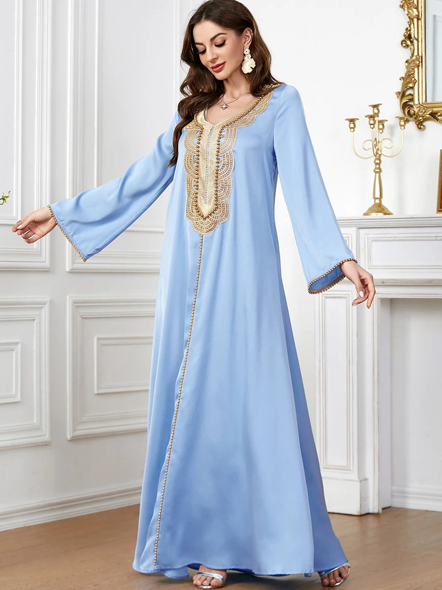 Abayah For Women 2023 Dubai Chic Solid Beading Full Sleeve V-Neck Elegant Moroccan Turkey Long Dress Female Light Blue Dress