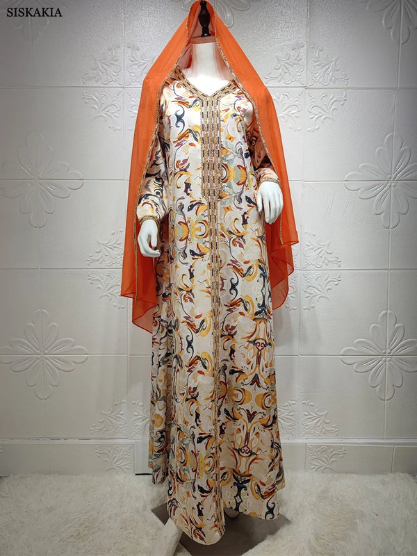 Muslim Abayas Uae Dubai Chic Ethnic Printing Tape Trim Full Sleeve V-Neck Elegant Casual Kaftan Dresses Womens Dubai