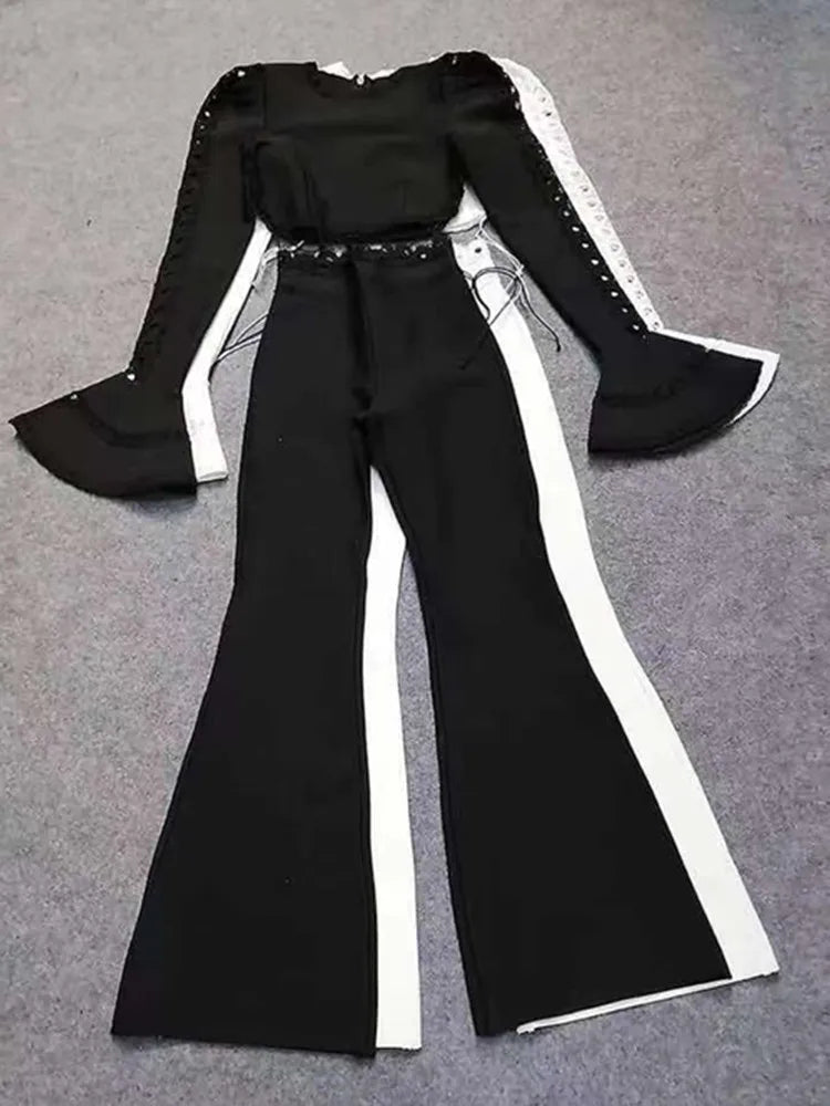 Women Winter Style Sexy Long Sleeve Flare Black White Two Pieces Bandage Set 2022 Celebrity Designer Fashion Party Women's Set