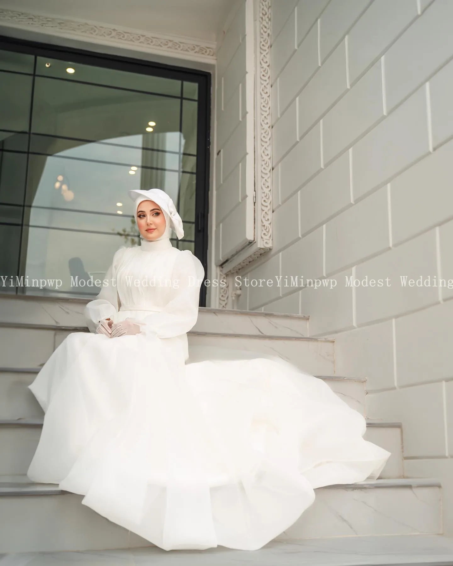 Heilige Brautkleider für Braut hoher Nacken Langarm eine Linie Falten Muslim Garten Beach Brautkleider Vestidos de Novia