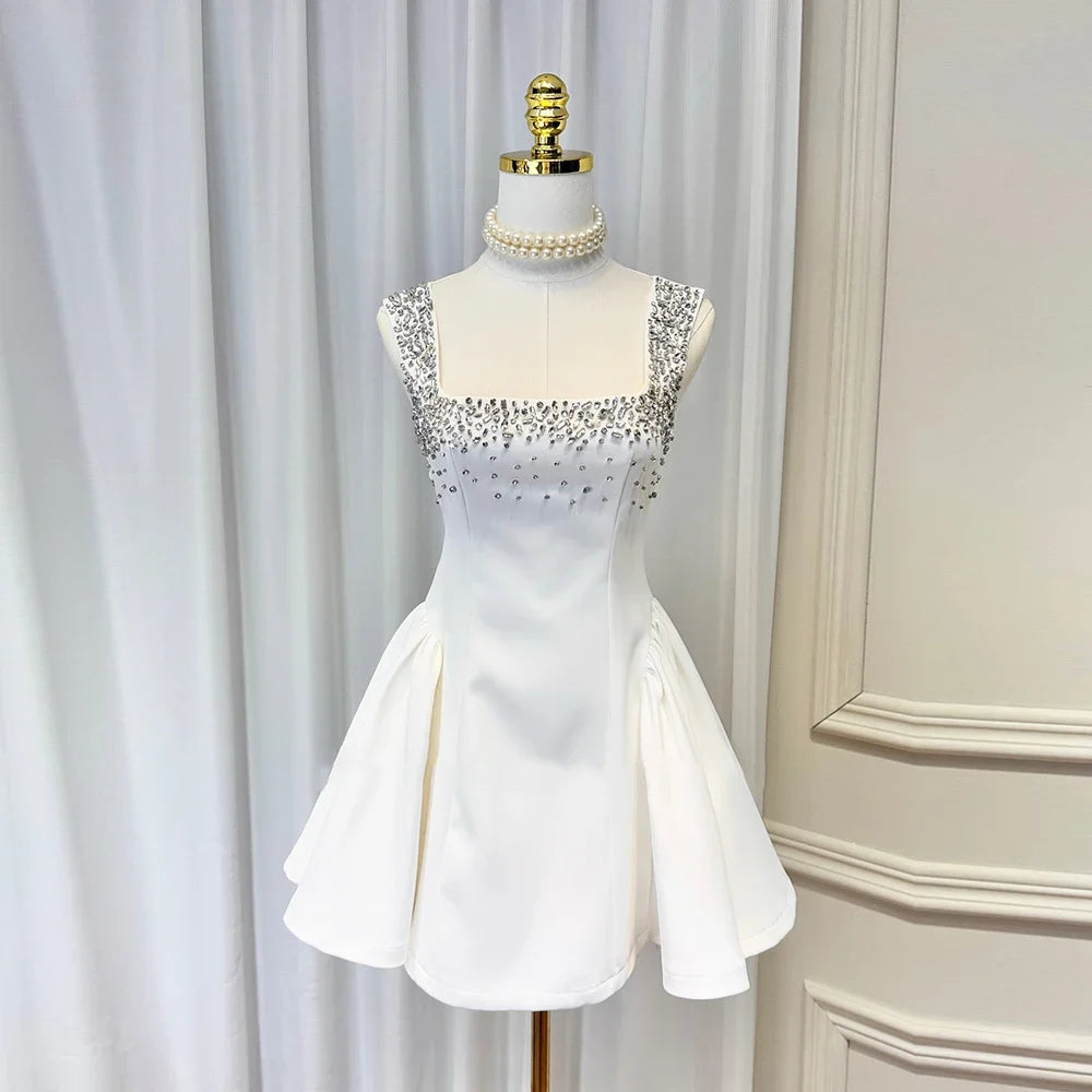 TWOTWINSTYLE Solid Slimming Fashion Dresses for Women Square Neck Sleeveless Patchwork Diamonds Tunic Dress Female Clothing New