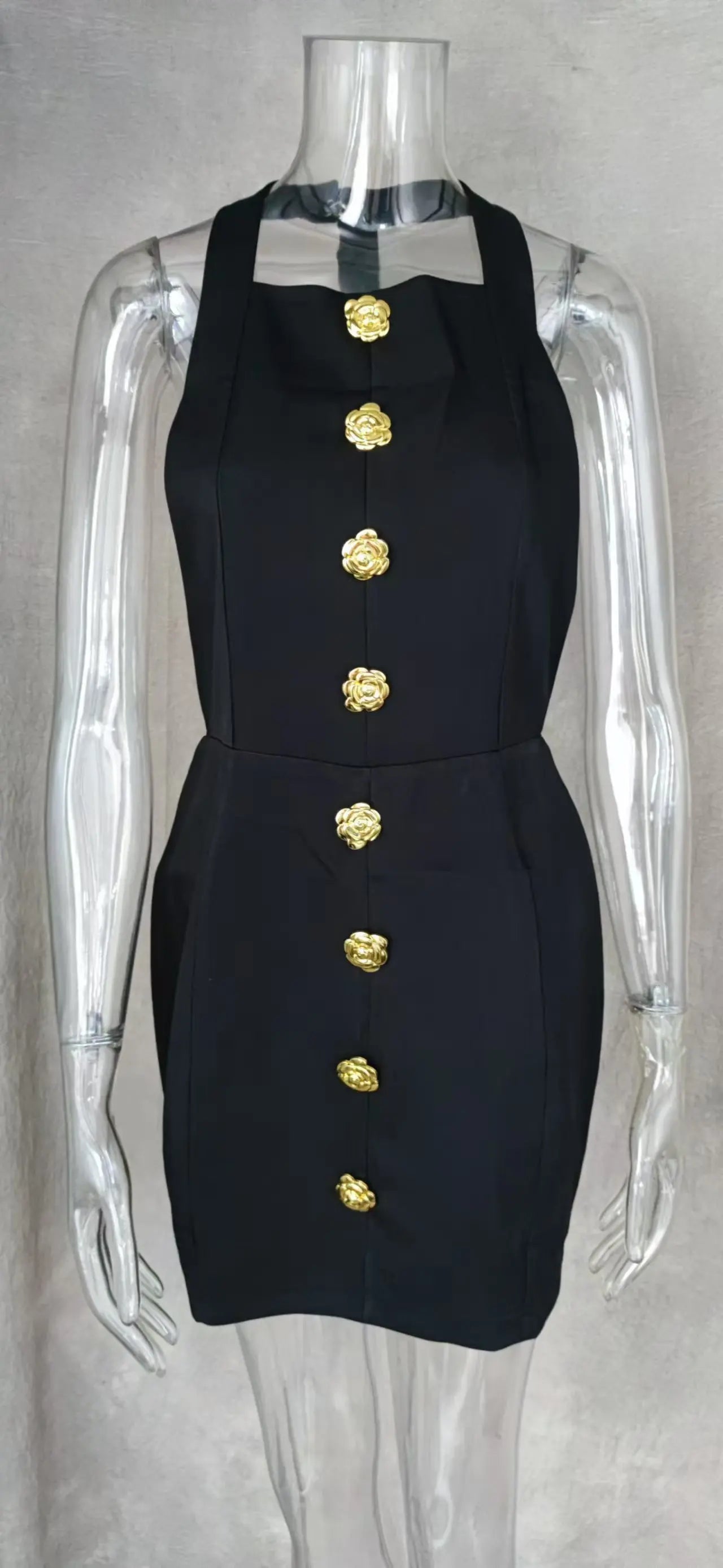 Women Summer Halter Backless Mini Dress Sleeveless Gold Button Solid Color New Fashion Elegant Dresses Lady Chic Party Vestidos