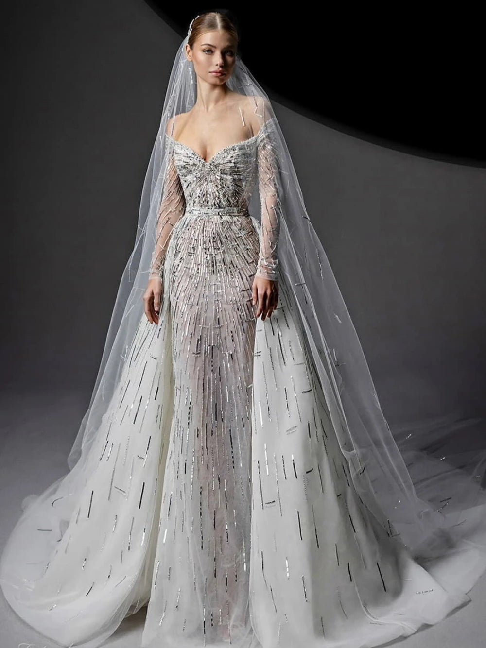 ILLUSE BEADEDE DABILI DEGLI CLASSE CLASSE VECK NESSUN Abito per velo per sposa Elegante abito da sposa lungo il pavimento Vestido de nolia