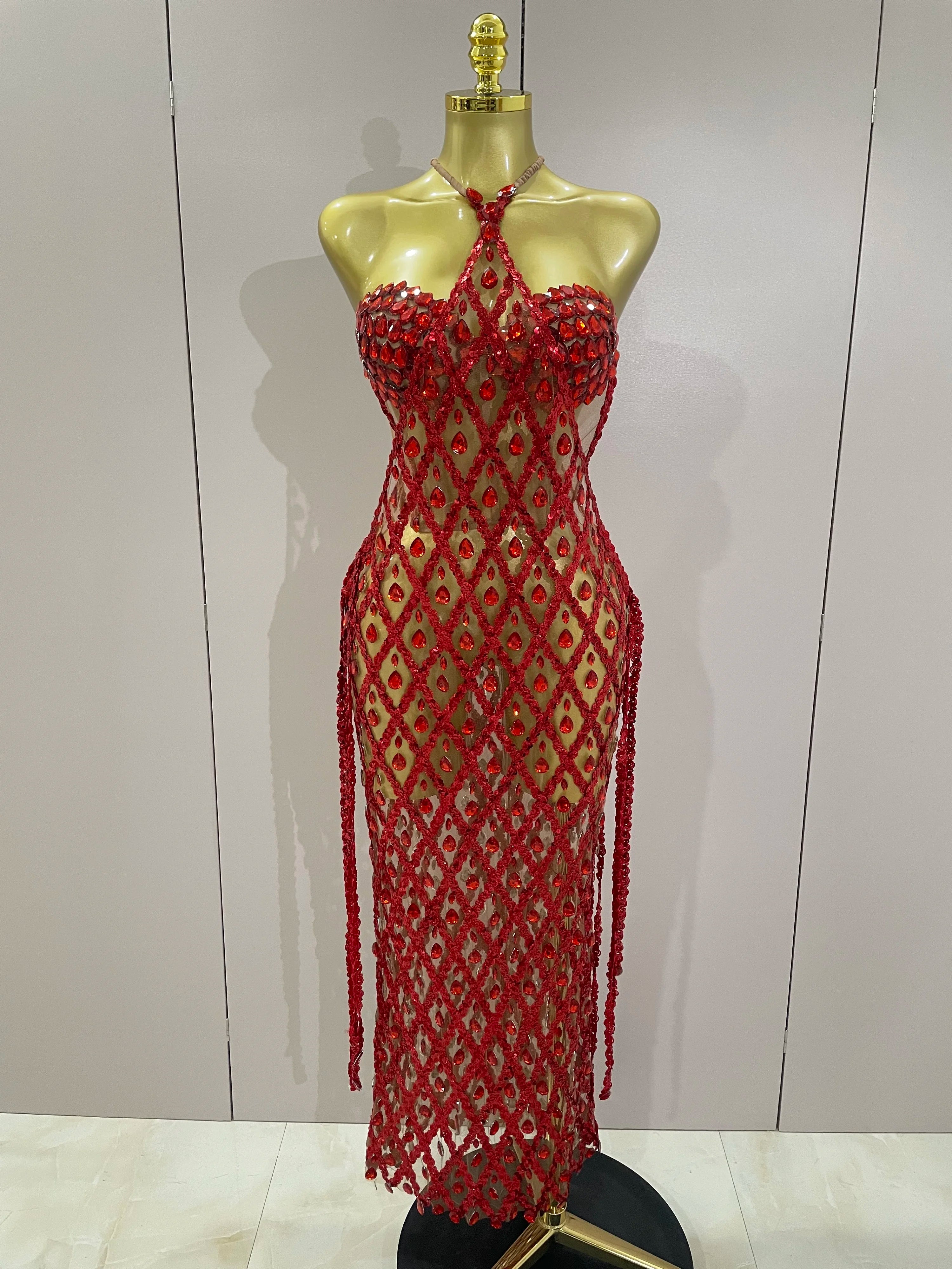 Stock Sexy Sparkly Gold Rhinestones Sleeveless Mesh Two Piece Long Dress 2025 Women Birthday Party Celebrate Prom Stage Costume
