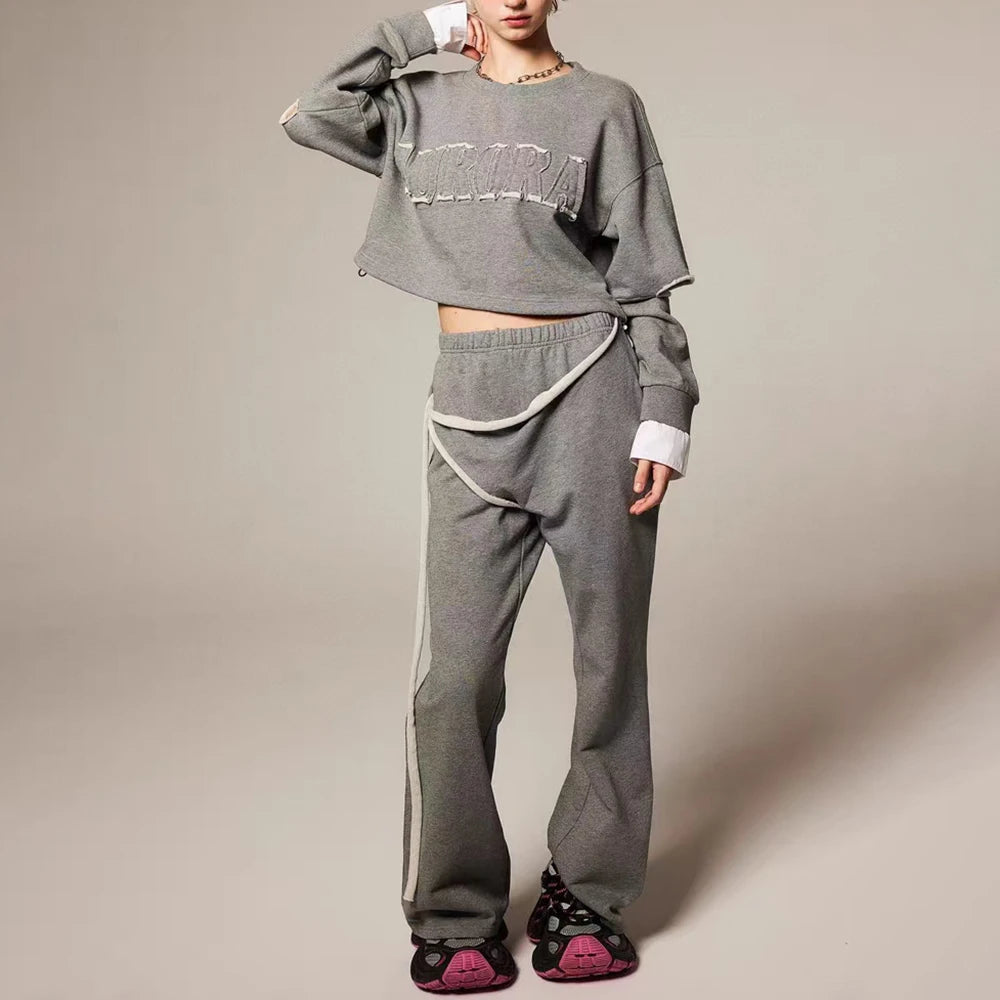 TWOTWINSTYLE Colorblock Casual Two Piece Sets For Women O Neck Long Sleeve Top High Waist Pant Chic Set Female Fashion Clothing