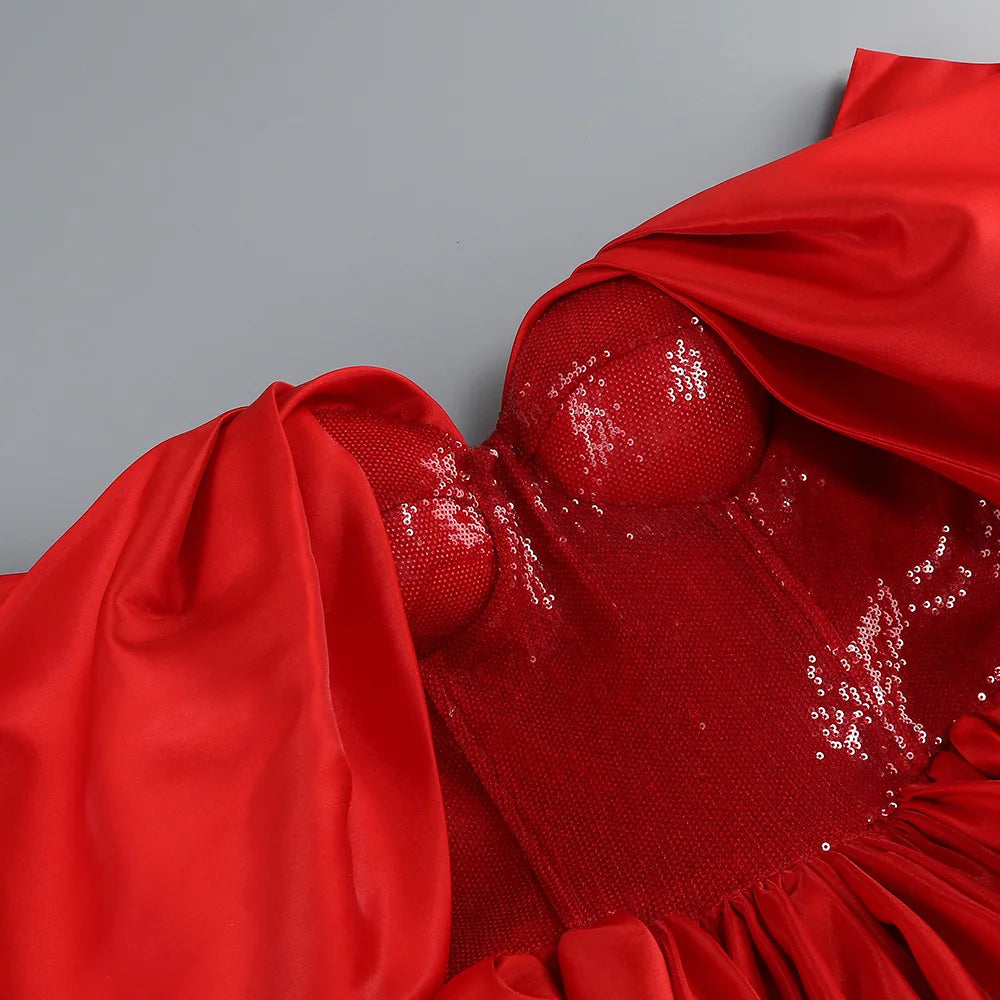 High Quality Red Shinning Sequins Women Strapless Sexy Ball Gown Mini Dress Christmas Birthday Party Celebrate Dress