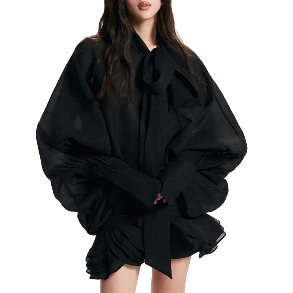 TWOTWINSTYLE Solid Slimming Fashion Mini Dresses for Women Round Neck Long Sleeves Patchwork Lace Up Temperament Dress Female