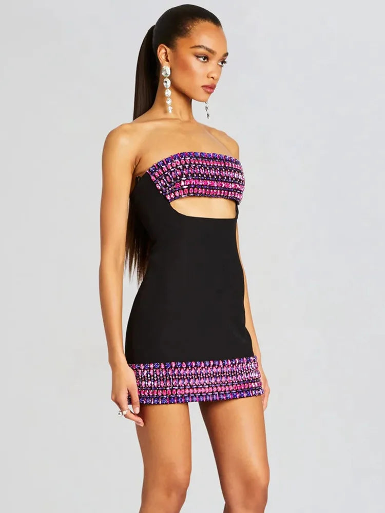 Women Celebrity Luxury Sexy Strapless Backless Pearl Cut Out Black Bodycon Bandage Dress Elegant Evening Club Party Outfit