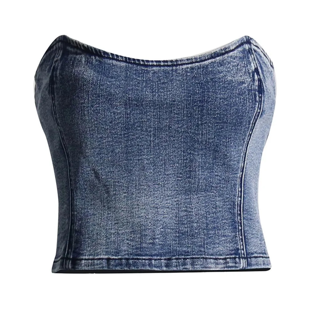 TWOTWINSTYLE Denim Vintage Two Piece Sets For Women Strapless Sleeveless Tops High Waist Spliced Pockets Pant Casual Set Female