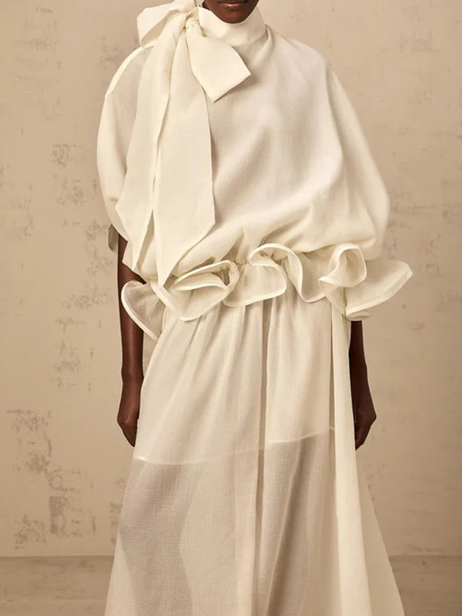 TWOTWINSTYLE Solid Loose Spliced Bow Tunic Dresses for Women Half High Neck Short Sleeves Patchwork Ruffles Dress Female Clothes