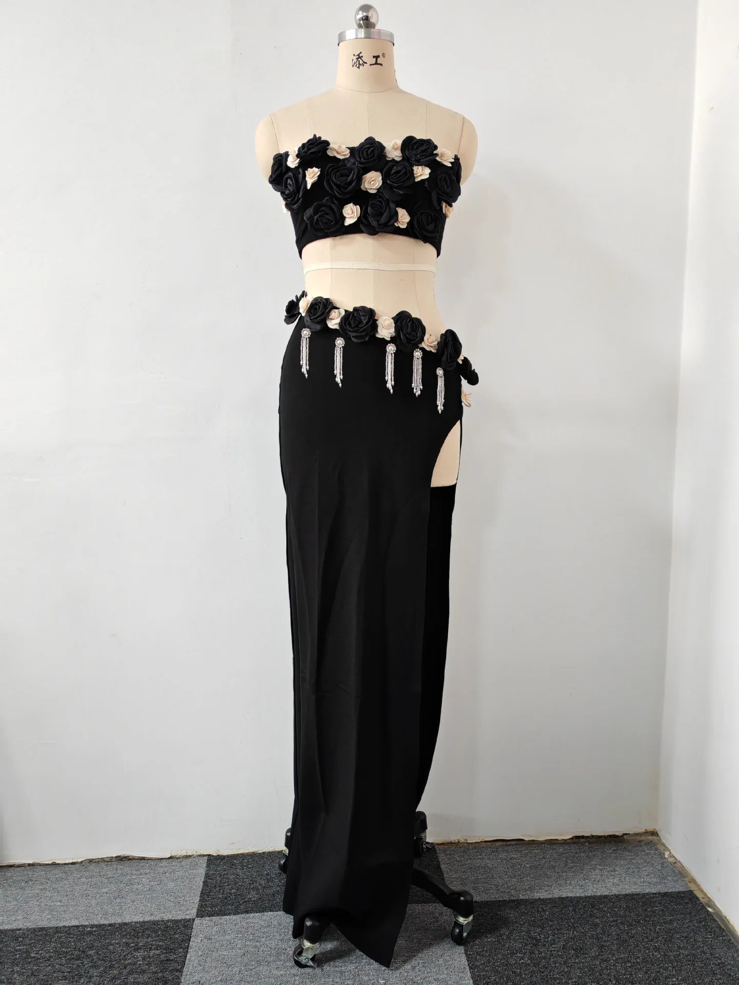 Black Color Women Sexy Strapless Florals 2 Pieces Bodycon Long Dress Girls' Vacation Birthday Party Nightclub Outfit