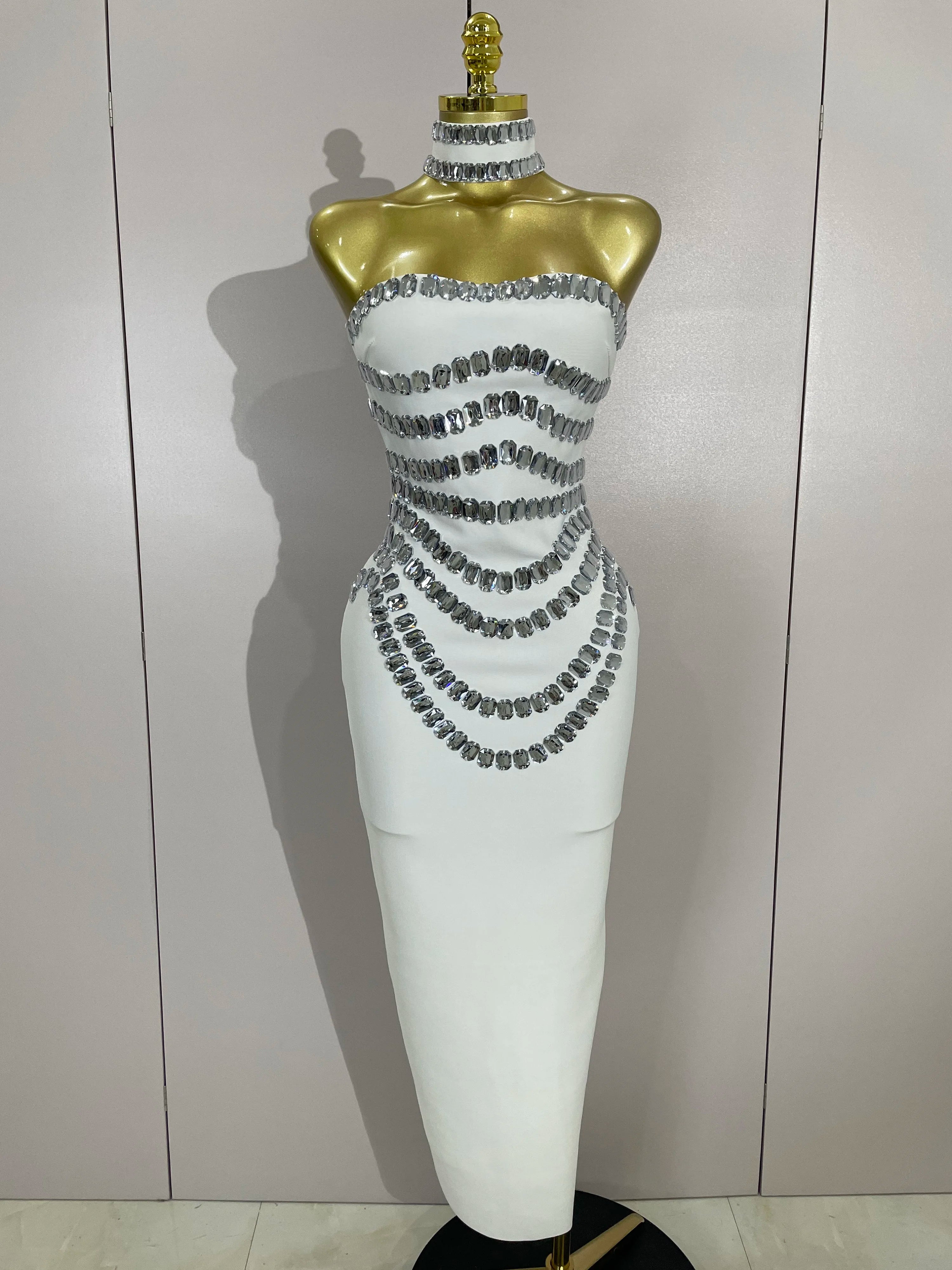 2025 Women Sexy Backless Strapless Black Beading Long Bandage Bodycon Dress  Celebrity Elegant Evening Luxury Birthday Dresses