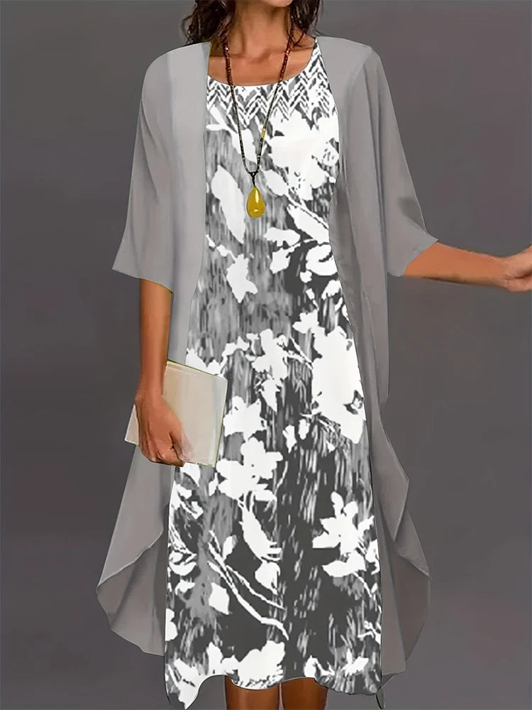 Plus Size 2024 Autumn New Women's Floral Printed Long Dress Printed Pattern Two-piece Dress Round Neck Temperament Elegant Dress