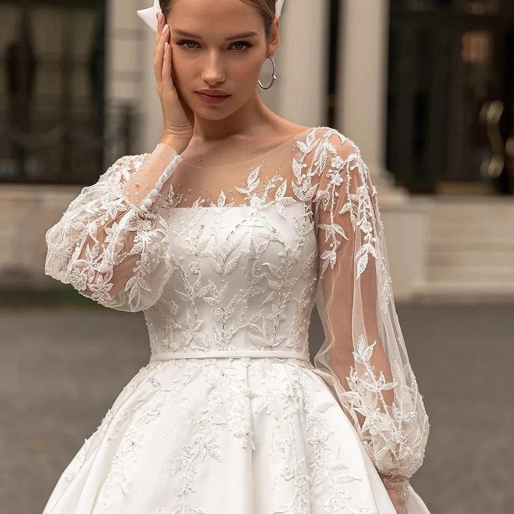 Vestidos De Novia con apliques De encaje De lujo, vestidos De baile De satén fruncidos De corte A, Vestido Formal De manga larga para fiesta en la playa, Vestido De Novia