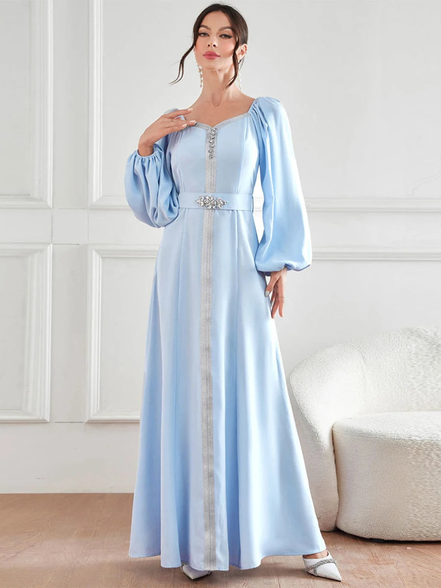 Dubai Evening Dress Women Moroccan Caftan Jalabiyat Solid Rhinestone Puff Sleeve Square Collar Belted Robe Blue Dress