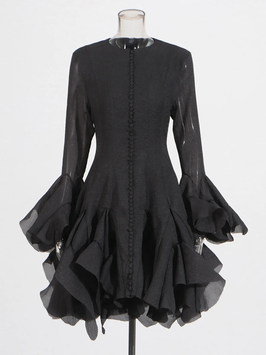 TWOTWINSTYLE Solid Spliced Button Slimming Dresses For Women O Neck Long Sleeve High Waist Patchwork Ruffles Female Fashion New