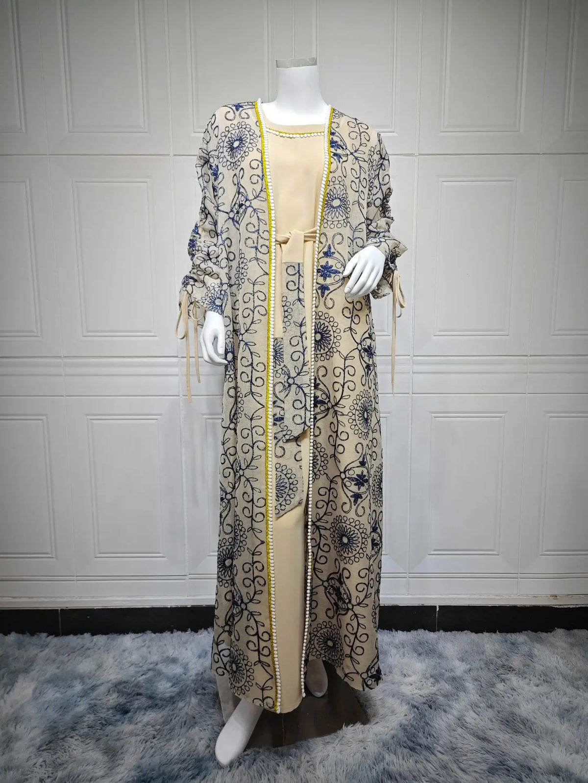 Uni Dubai Ramadan Embroidery stylish abaya Two-piece Muslim Elegant Women Evening Dress O-Neck Belted Kaftan