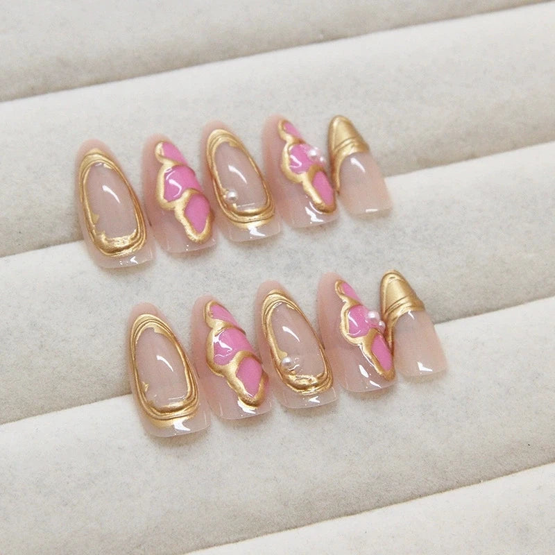 Artificial Press on Nails Tips Art 24Pcs Pink Almond False Nails Butterfly Ballet with French Design Wearable Fake Nails Simple