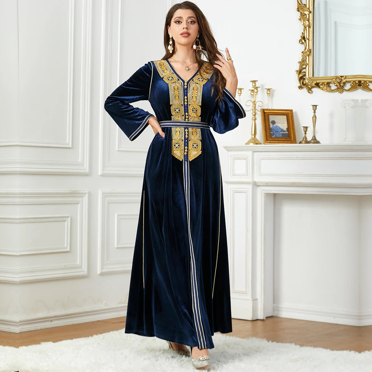 Velour Winter Abaya Gold Appliques Moroccan Caftan Casual Dubai Belted Arabic Dress Islamic Clothing Muslim Women Ramadan Eid Dark Blue