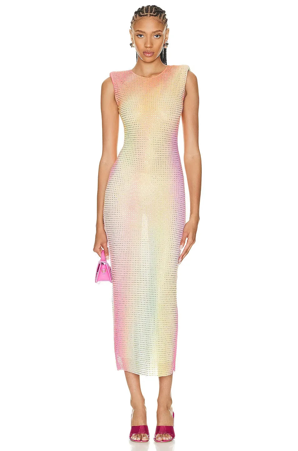 New Spring Women Sleeveless Sexy O-Neck Bodycon Shinning Rhinestones Long Mesh Dess Celebrate Nightclub Party Birthday Dress